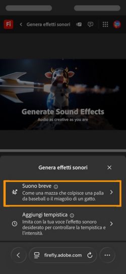 Puoi scegliere le opzioni Suono breve e Audio a tempo con il video. L'opzione Suono breve è selezionata per generare un effetto sonoro utilizzando una breve descrizione testuale.