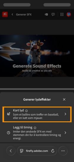 Du kan velge mellom alternativene Kort lyd og Timet lyd med videoen. Alternativet Kort lyd er valgt for å generere en lydeffekt med en kort tekstbeskrivelse.