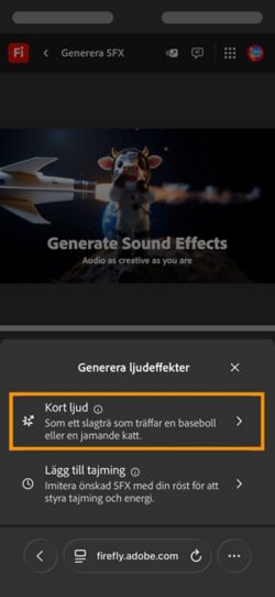 Alternativen Kort ljud och Ljud tajmat med din video finns tillgängliga att välja mellan. Alternativet Kort ljud är valt för att generera en ljudeffekt med hjälp av en kort textbeskrivning.