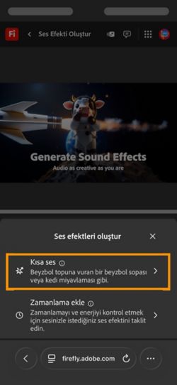 Kısa Ses ve Videonuzla zamanlanmış ses seçenekleri arasından seçim yapılabilir. Kısa bir metin açıklaması kullanarak ses efekti oluşturmak için Kısa Ses seçeneği belirlenmiştir.