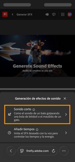 Puede elegir entre las opciones Sonido corto y Sonido sincronizado con su vídeo que hay disponibles. La opción Short Sound está seleccionada para generar un efecto de sonido utilizando una breve descripción de texto.