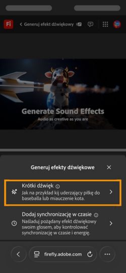Dostępne są opcje Krótki dźwięk i Dźwięk zsynchronizowany z wideo. Opcja Krótki dźwięk jest wybierana w celu wygenerowania efektu dźwiękowego przy użyciu krótkiego opisu tekstowego.