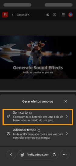 Som curto e som temporizado com as opções de vídeo disponíveis. A opção som curto é selecionada para gerar um efeito sonoro usando uma breve descrição de texto.
