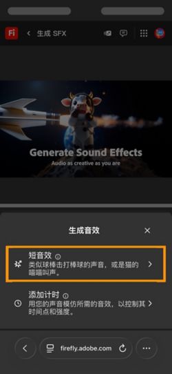 可以选择“短音效”和“与视频同步的音效”选项。 已选择“短音效”选项，可使用简短的文字描述生成音效。