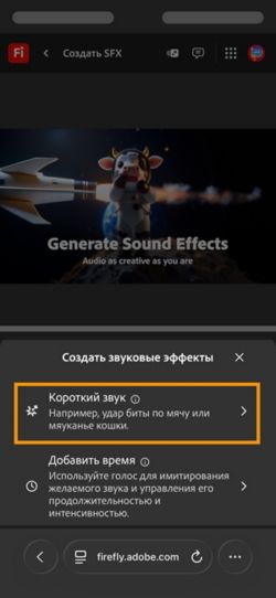 Доступны для выбора параметры «Короткий звук» и «Синхронизированный звук и видео». Выбран параметр «Короткий звук» для создания звукового эффекта с использованием краткого текстового описания.
