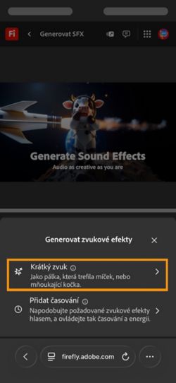 K dispozici jsou možnosti Krátký zvuk a Časovaný zvuk s vaším videem. Je vybrána možnost Krátký zvuk pro generování zvukového efektu pomocí krátkého textového popisu.