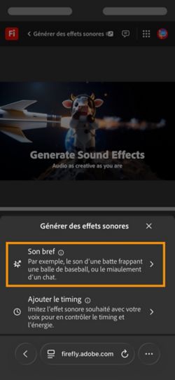 Les options Son bref et Son minuté avec votre vidéo sont disponibles. L’option Son bref est sélectionnée pour générer un effet sonore à l’aide d’une brève description textuelle.