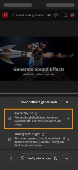 Die Optionen „Kurzer Ton“ und „Sound passend zum Video“ stehen zur Auswahl. Die Option „Kurzer Ton“ ist ausgewählt, um einen Soundeffekt mit einer kurzen Textbeschreibung zu generieren.