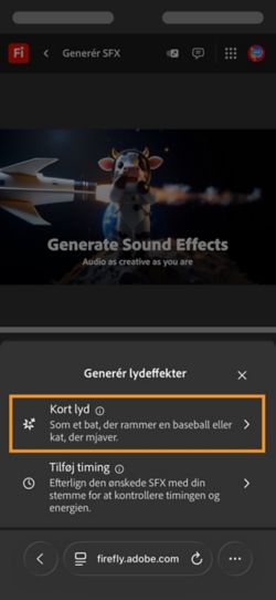 Indstillingerne Kort lyd og Timet lyd med din video kan vælges. Indstillingen Kort lyd er valgt for at generere en lydeffekt ved hjælp af en kort tekstbeskrivelse.