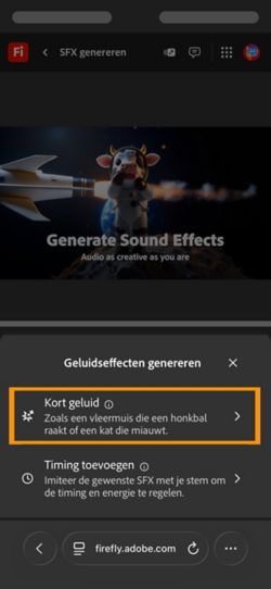 Je kunt kiezen uit de video-opties Kort geluid en Getimed geluid bij je video. De optie Kort geluid is geselecteerd om een geluidseffect te genereren aan de hand van een korte tekstbeschrijving.