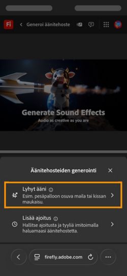 Lyhyt ääni ja Ajoitettu ääni videollesi -vaihtoehdot ovat valittavissa. Lyhyt ääni -vaihtoehto on valittuna. Sen avulla voit luoda äänitehosteen lyhyestä tekstikuvauksesta.