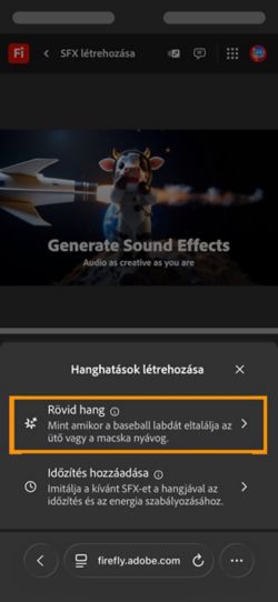 A Short Sound és a Timed sound with your video opciók közül lehet választani. A Rövid hang opció van kiválasztva, hanghatás létrehozásához rövid szöveges leírás használatával.