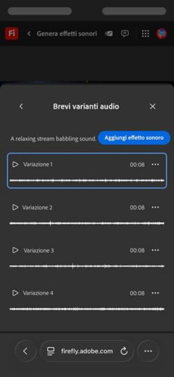 L'opzione Brevi varianti audio è aperta e sono disponibili quattro diverse variazioni generate tra cui scegliere. C'è anche un'opzione per aggiungere gli effetti sonori alla timeline.