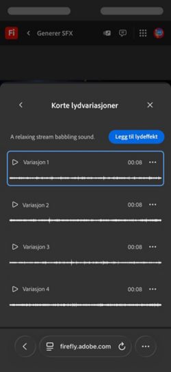 Alternativet Variasjoner for kort lyd er åpen, og du kan velge mellom fire ulike genererte variasjoner. Det finnes også et alternativ for å legge til lydeffektene på tidslinjen.