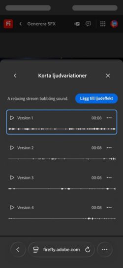 Alternativet Variationer av kort ljud är öppet, och fyra olika genererade variationer finns tillgängliga att välja mellan. Det finns också ett alternativ för att lägga till ljudeffekterna i tidslinjen.