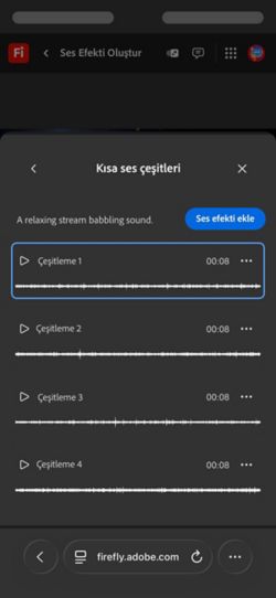 Kısa Ses Çeşitlemeleri seçeneği açık ve aralarından seçim yapılabilecek dört farklı oluşturulmuş çeşitleme mevcut. Ayrıca ses efektlerini zaman çizelgesine ekleme seçeneği de bulunuyor.
