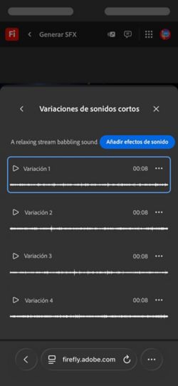 La opción Variaciones de sonidos cortos está abierta y hay cuatro variaciones generadas diferentes disponibles entre las que puede elegir. También hay una opción para añadir los efectos de sonido a la cronología.