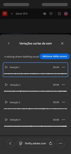 A opção Variações de som curtas está ativada e há quatro variações geradas diferentes disponíveis para escolha. Há também uma opção para adicionar os efeitos sonoros à linha do tempo.