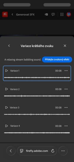 Je otevřena možnost Varianty krátkého zvuku a jsou k dispozici čtyři různé vygenerované varianty, ze kterých si můžete vybrat. K dispozici je také možnost přidat zvukové efekty na časovou osu.