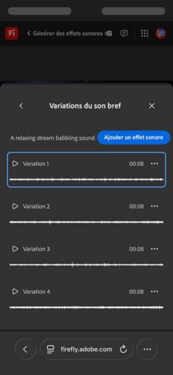 L’option Variations du son bref est ouverte, et quatre variations générées différentes sont proposées. Il y a également une option pour ajouter les effets sonores au montage.