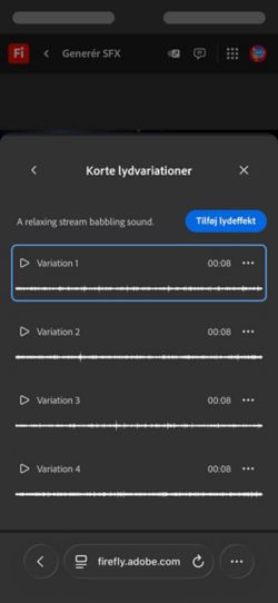 Indstillingen Korte lydvariationer er åben, og fire forskellige genererede variationer er tilgængelige at vælge imellem. Der er også en mulighed for at tilføje lydeffekterne til tidslinjen.