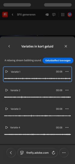 De optie Short Sound Variations is geopend en er zijn vier verschillende gegenereerde variaties beschikbaar om uit te kiezen. Er is ook een optie om de geluidseffecten aan de tijdlijn toe te voegen.