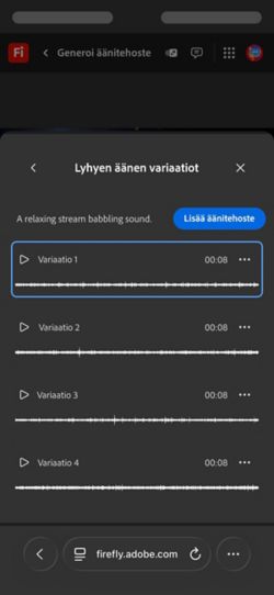 Lyhyen äänen variaatiot -vaihtoehto on avoinna, ja valittavissa on neljä erilaista generoitua variaatiota. Lisäksi on vaihtoehto lisätä äänitehosteita aikajanalle.