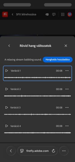 A Short Sound Variations opció nyitva van, és négy különböző létrehozott változat közül lehet választani. Van lehetőség a hanghatások idősávhoz adására is.