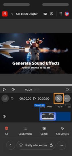 Oluşturulan ses efekti zaman çizelgesine eklenir ve düzenleyebilirsiniz. Yeni bir ses efekti oluşturup ekleyebilirsiniz.