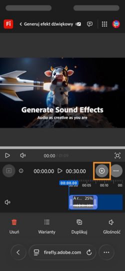 Wygenerowany efekt dźwiękowy jest dodawany do osi czasu i można go edytować. Możesz również wygenerować i dodać nowy efekt dźwiękowy.