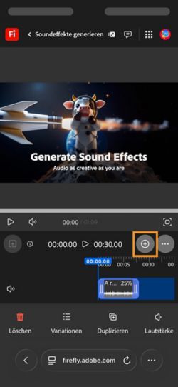 Der generierte Soundeffekt wird zur Timeline hinzugefügt, und du kannst ihn bearbeiten. Du kannst auch einen neuen Soundeffekt generieren und hinzufügen.