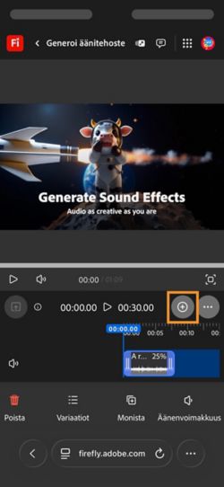 Generoitu äänitehoste lisätään aikajanalle, ja sitä voi muokata. Voit myös generoida ja lisätä uuden äänitehosteen.