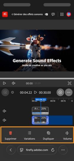 L’effet sonore généré est sélectionné et les options de modification sont à votre disposition.