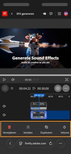 Het gegenereerde geluidseffect is geselecteerd en de bewerkopties zijn beschikbaar voor gebruik.
