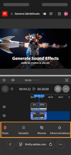 Generoitu äänitehoste on valittuna, ja näkyvissä on erilaisia muokkausvaihtoehtoja.