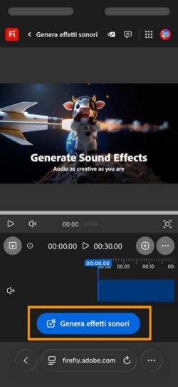 La pagina Genera effetti sonori (beta) è aperta ed è evidenziato il pulsante Genera effetti sonori.