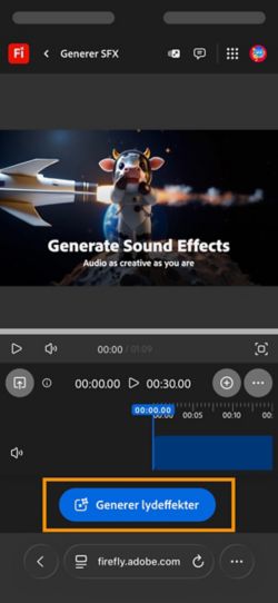 Siden Generer SFX (beta) er åpen, og knappen Generer lydeffekter er uthevet.