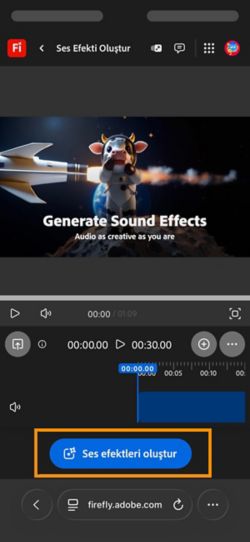 SFX oluştur (beta) sayfası açıktır ve Ses efektleri oluştur düğmesi vurgulanmış durumdadır.
