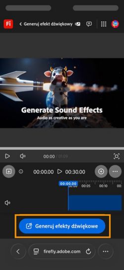 Strona Generuj efekt dźwiękowy (beta) jest otwarta i podświetlony jest przycisk Generuj efekty dźwiękowe.