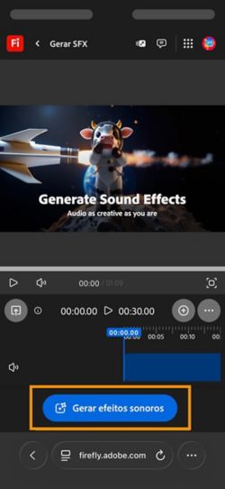 A página Gerar SFX (beta) está aberta e o botão Gerar efeitos sonoros está destacado.