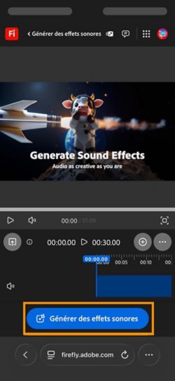 La page Générer des effets sonores (beta) est ouverte et un bouton Générer des effets sonores est mis en évidence.