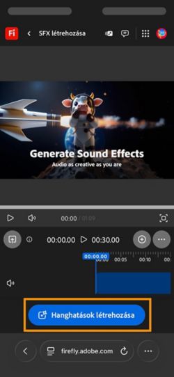 A Generate SFX (beta) oldal megnyílik, és a Hanghatások létrehozása gomb ki van emelve.