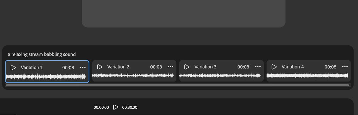 A collection of generated sound effects is available below the preview panel. You can use the play button to listen to and preview these sound effects.