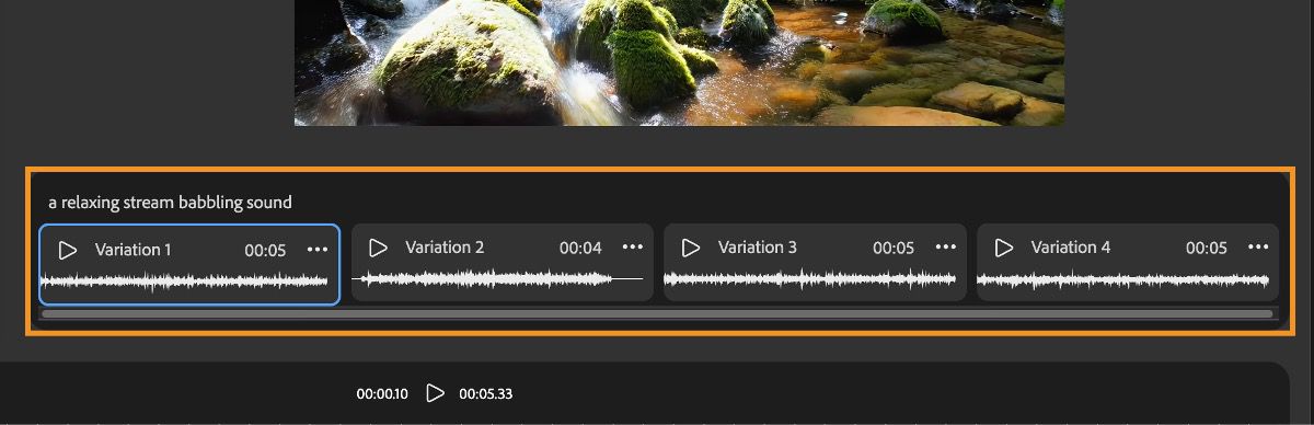 A collection of generated sound effects is available below the preview panel. You can use the play button to listen to and preview these sound effects.