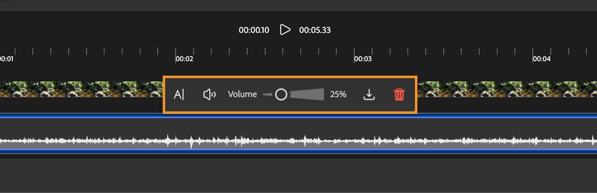 Se selecciona el efecto de sonido agregado en la línea de tiempo y hay opciones de edición que se pueden utilizar.Estas opciones de edición incluyen silencio, volumen, descarga y eliminación.