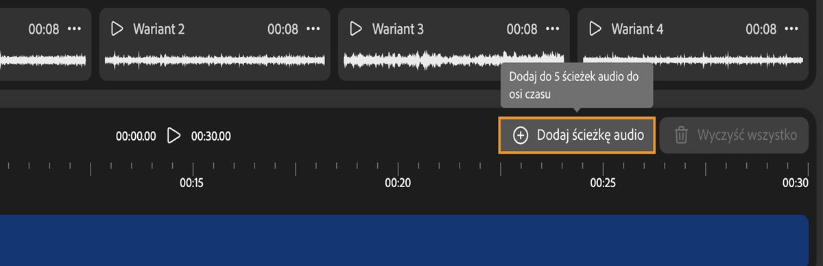 Nad osią czasu, na której znajduje się lista audio, podświetlona jest opcja Dodaj ścieżkę audio.Posiada również wskazówkę, która wspomina, że można dodać do 5 ścieżek audio do osi czasu.