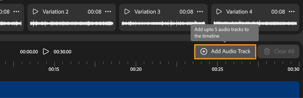Above the timeline where the audio is listed, the Add Audio Track option is highlighted. It also has a tooltip that mentions that you can add upto 5 audio tracks to the timeline.