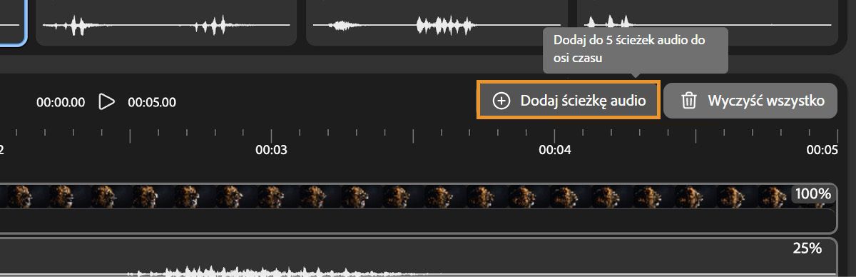 Powyżej osi czasu, na której znajdują się wideo i audio, podświetlona jest opcja Dodaj ścieżkę audio. Posiada również wskazówkę, która wspomina, że można dodać do 5 ścieżek audio do osi czasu.