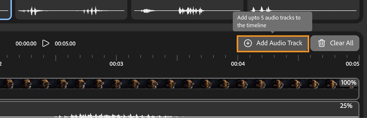 Above the timeline where the video and audio are listed, the Add Audio Track option is highlighted. It also has a tooltip that mentions that you can add upto 5 audio tracks to the timeline.