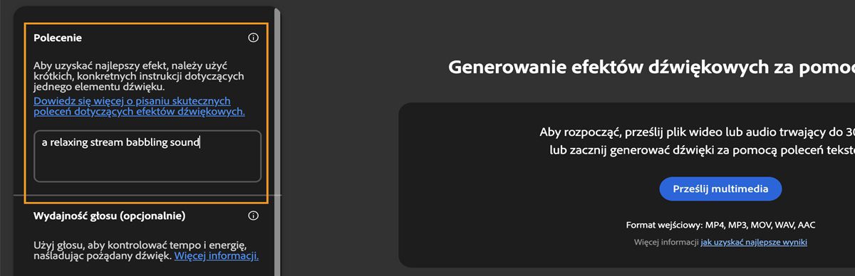 Na stronie Generuj efekty dźwiękowe dostępna jest sekcja polecenia, w której możesz wprowadzić opis tekstowy efektu dźwiękowego do wygenerowania.Obecne polecenie tekstowe: „a relaxing stream babbling sound” (relaksujący dźwięk szemrzącego strumienia).